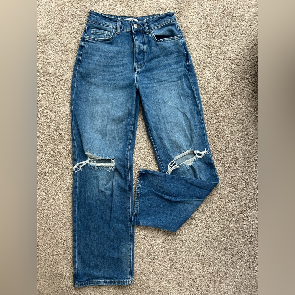 Forever 21 Blue Ripped Straight Leg Jeans